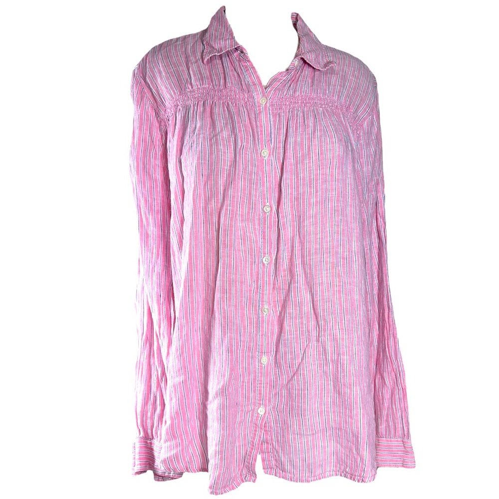 Lands’ End Pink / Blue 100% Linen Striped Button-Up Long Sleeve Shirt Sz 14 / 16